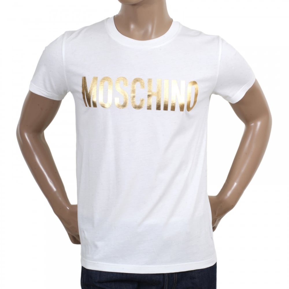 Regular Fit Short Sleeve Fine Ribbed Crew Neck Cotton White T Shirt with Gold Logo