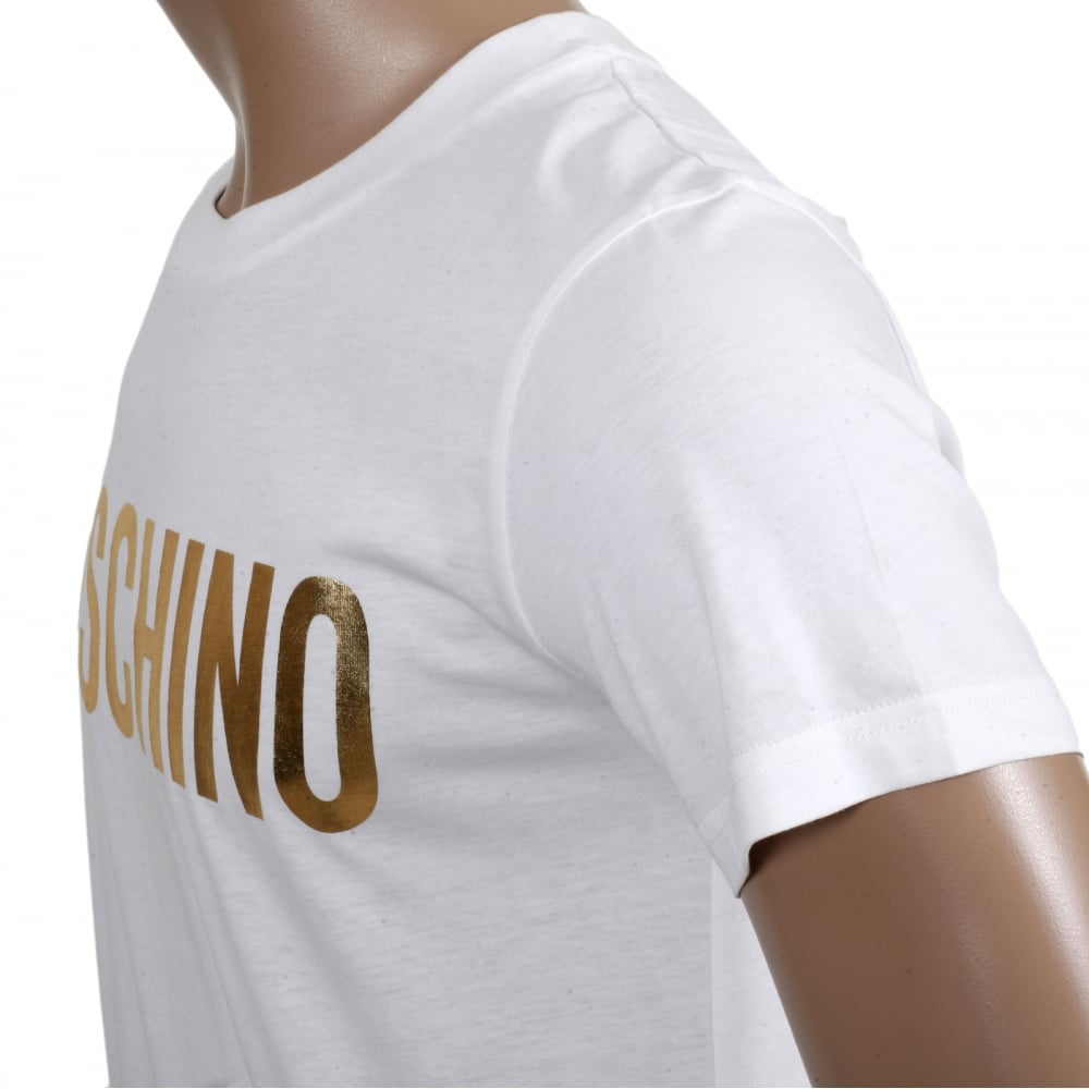 Regular Fit Short Sleeve Fine Ribbed Crew Neck Cotton White T Shirt with Gold Logo
