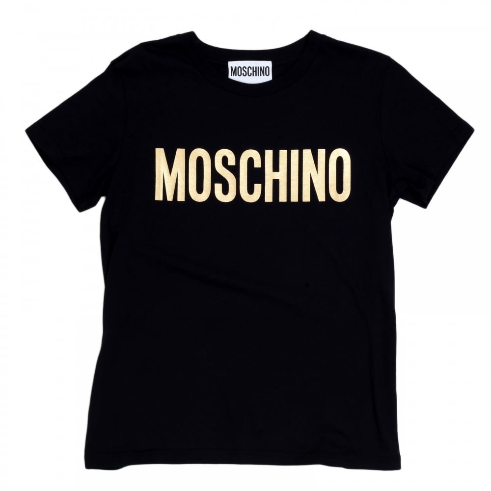 Mens Regular Fit Fine Ribbed Crew Neck Black T shirt with Gold Logo Print