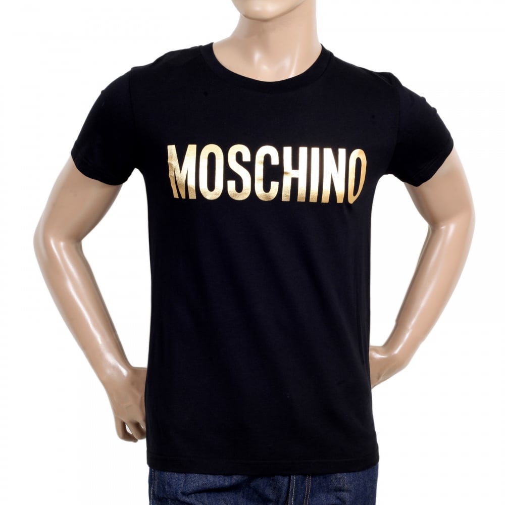 Mens Regular Fit Fine Ribbed Crew Neck Black T shirt with Gold Logo Print