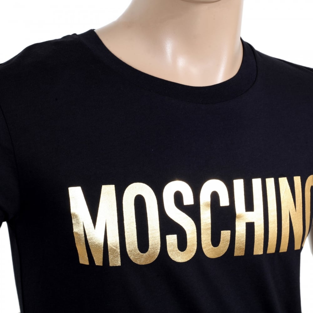Mens Regular Fit Fine Ribbed Crew Neck Black T shirt with Gold Logo Print