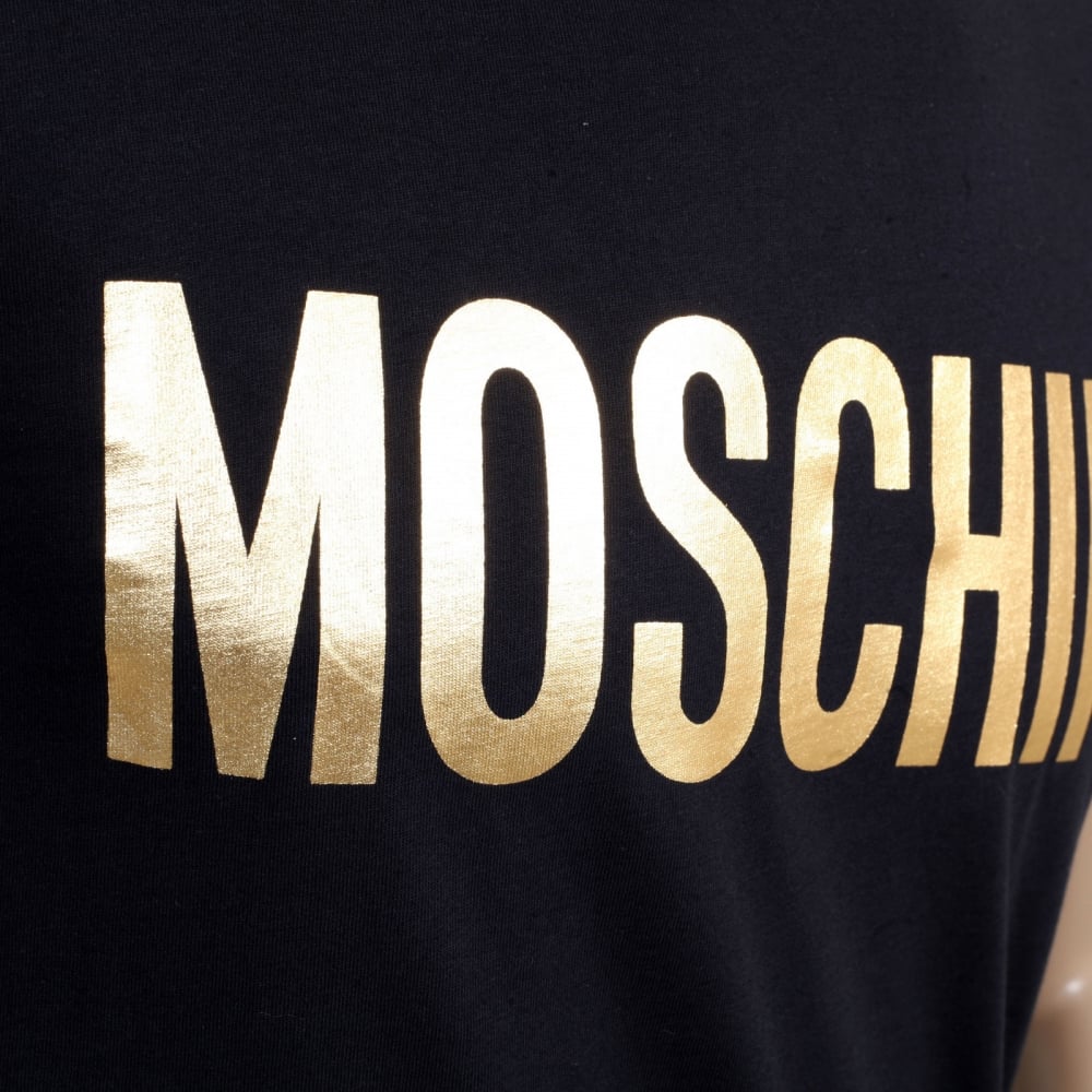 Mens Regular Fit Fine Ribbed Crew Neck Black T shirt with Gold Logo Print