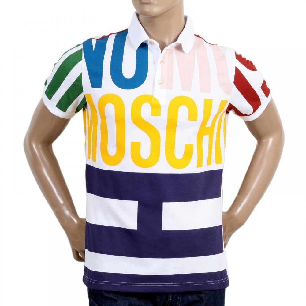 Short Sleeve 3 Button Regular Fit Cotton White Polo Shirt with Multi Coloured Logo Art