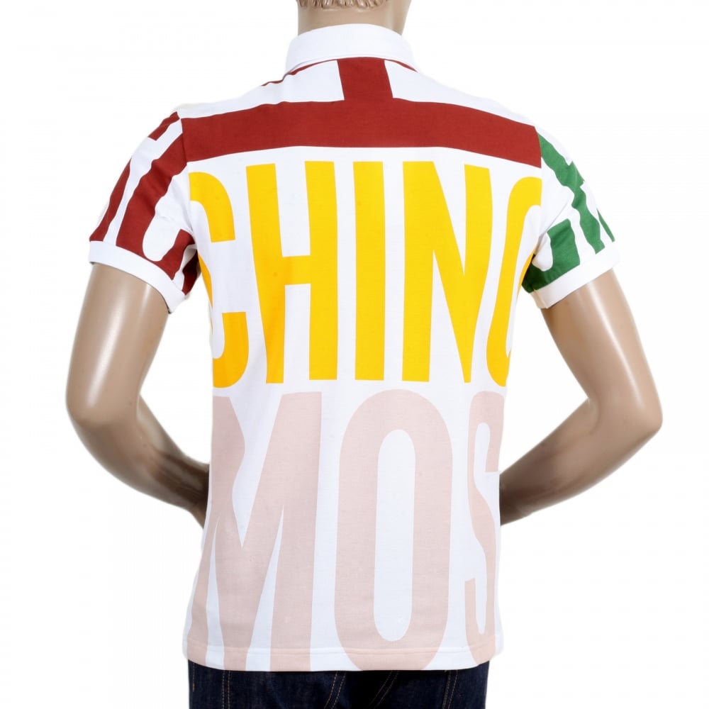 Short Sleeve 3 Button Regular Fit Cotton White Polo Shirt with Multi Coloured Logo Art