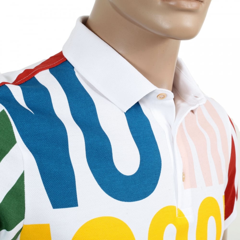 Short Sleeve 3 Button Regular Fit Cotton White Polo Shirt with Multi Coloured Logo Art