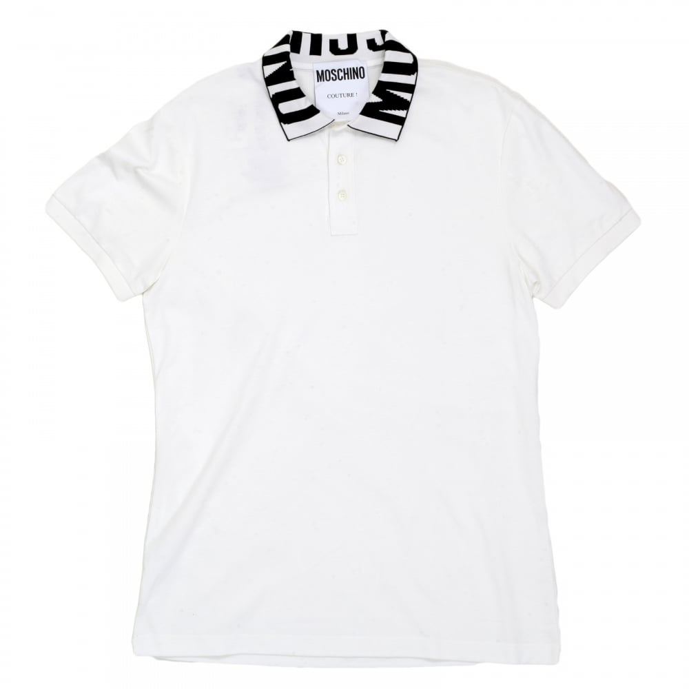 White Regular Fit Three-Button Polo Shirt for Men with Black Logo Ribbed Collar