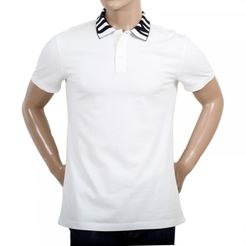White Regular Fit Three-Button Polo Shirt for Men with Black Logo Ribbed Collar