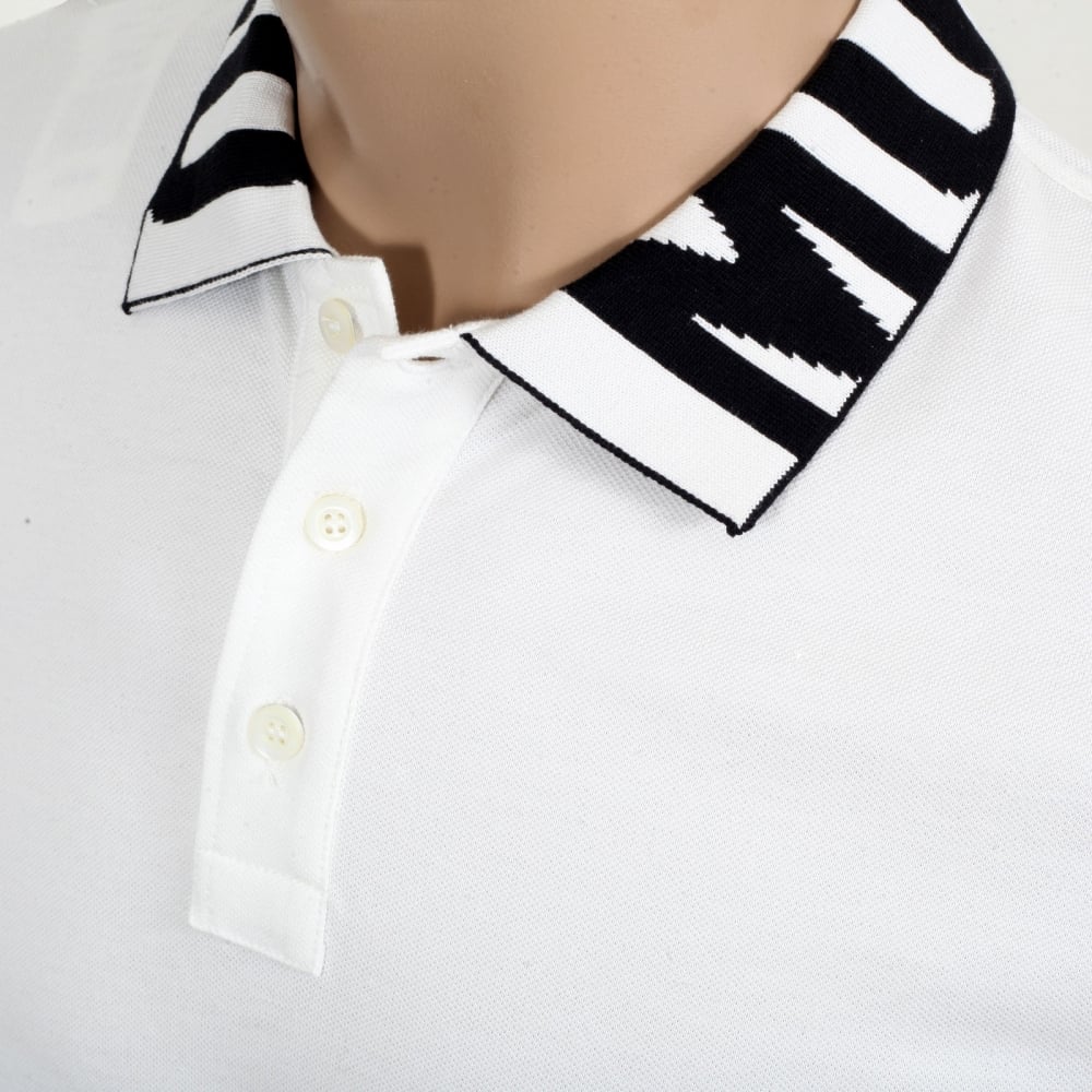 White Regular Fit Three-Button Polo Shirt for Men with Black Logo Ribbed Collar