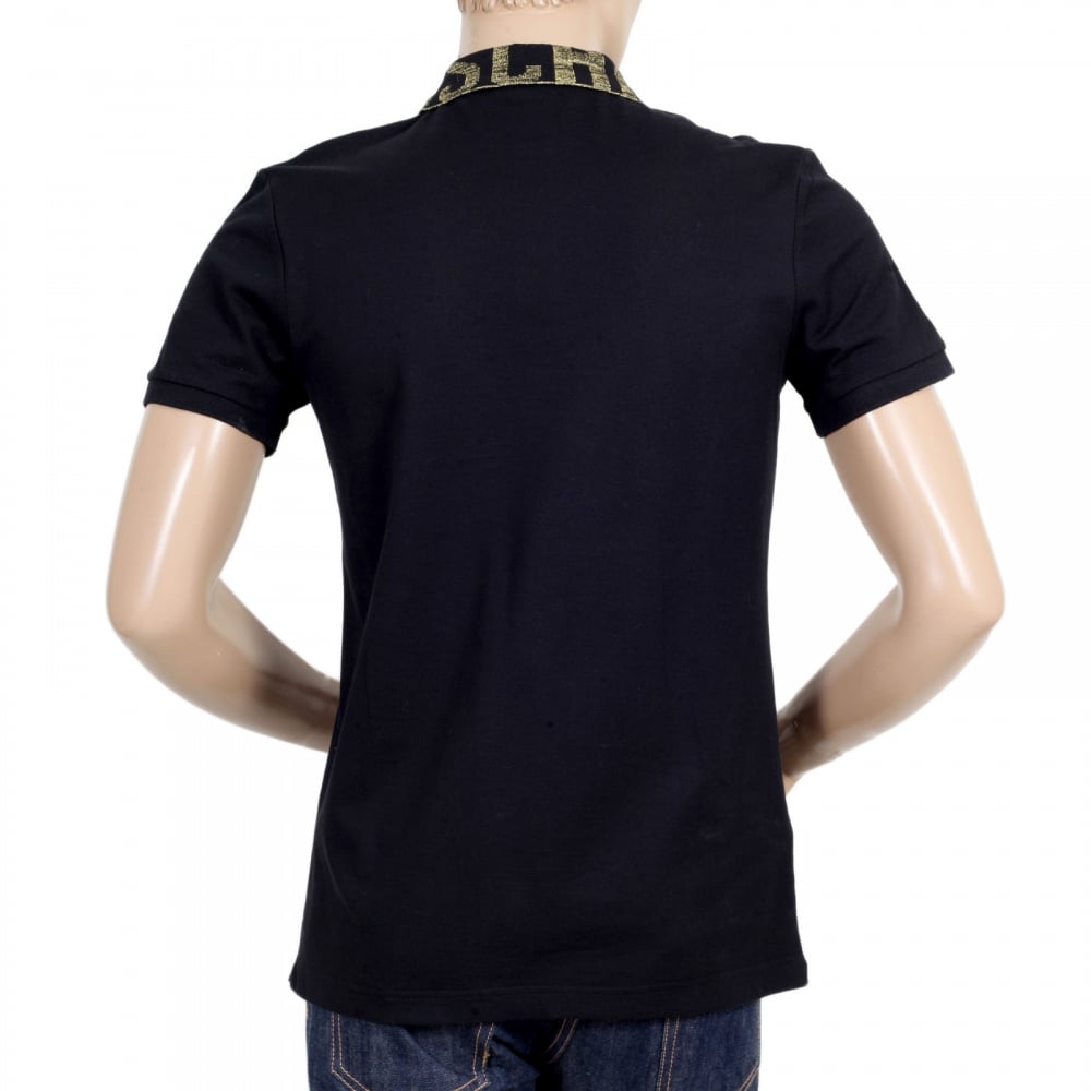 Black Regular Fit Three-Button Polo Shirt for Men with Gold Logo Ribbed Collar