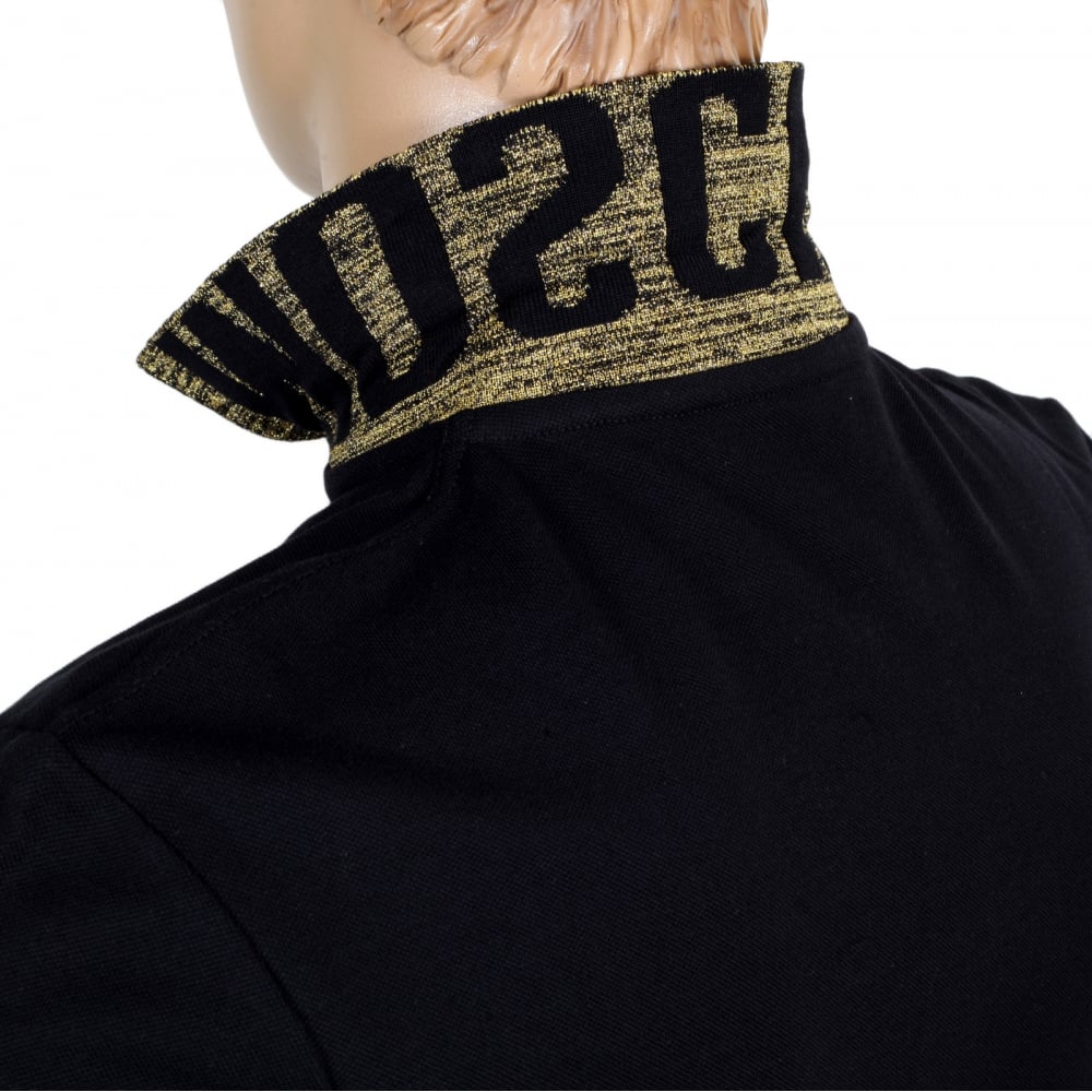 Black Regular Fit Three-Button Polo Shirt for Men with Gold Logo Ribbed Collar