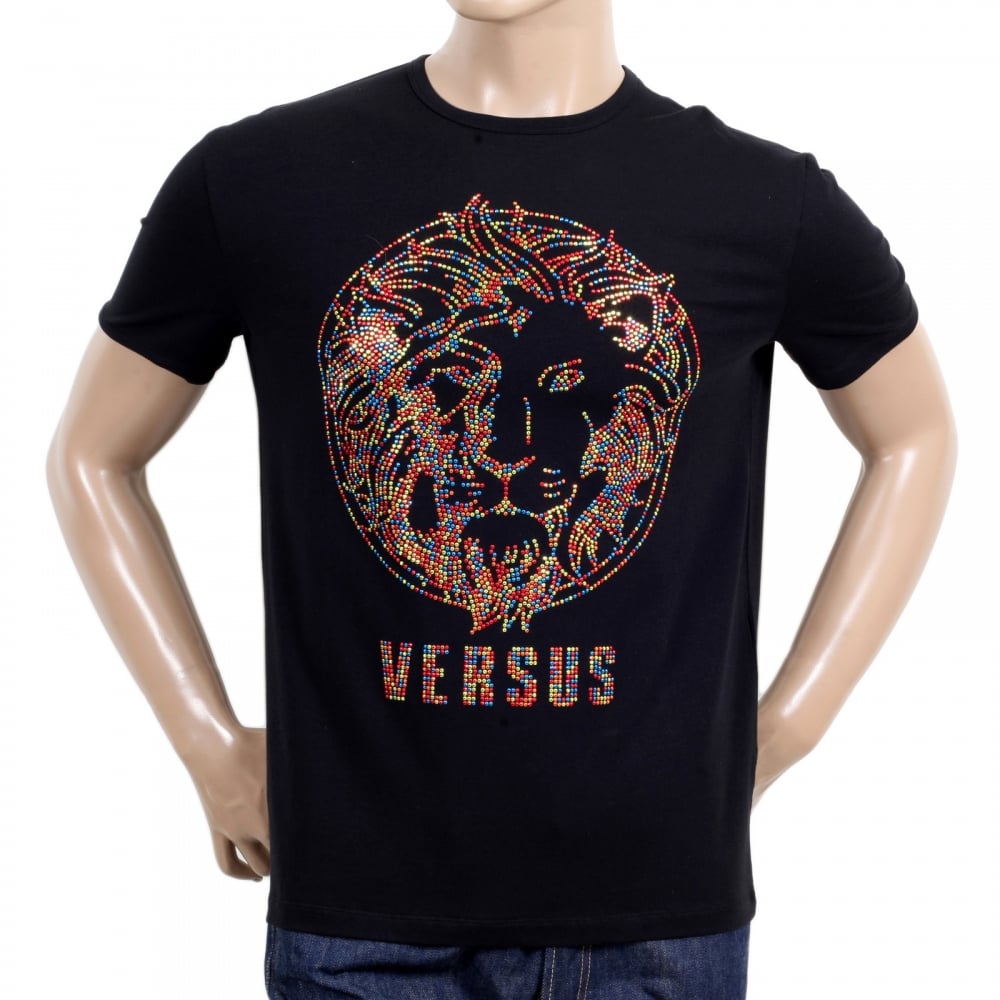 Black Regular Fit Crew Neck Short Sleeved Mens T Shirt with Multi Coloured Rhinestone Lion Head Design