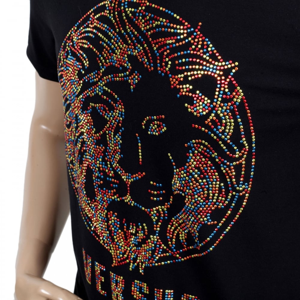 Black Regular Fit Crew Neck Short Sleeved Mens T Shirt with Multi Coloured Rhinestone Lion Head Design