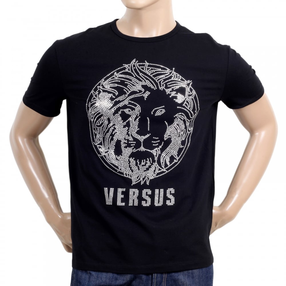 Black Regular Fit Crew Neck Short Sleeved Mens T Shirt with Silver Rhinestone Lion Head Design