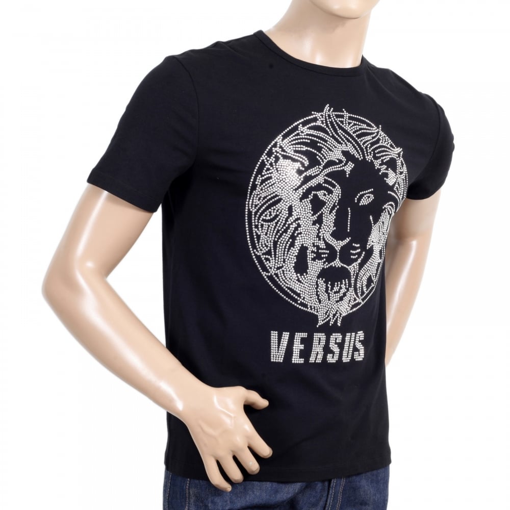 Black Regular Fit Crew Neck Short Sleeved Mens T Shirt with Silver Rhinestone Lion Head Design