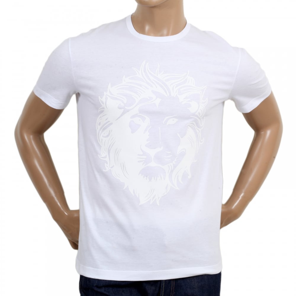 White Short Sleeve Crew Neck Regular Fit Mens T Shirt with Self Coloured Printed Lion Head
