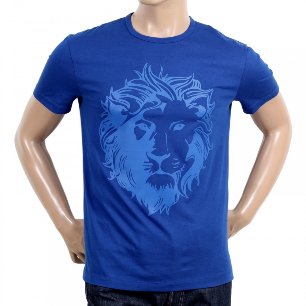 Royal Blue Short Sleeve Crew Neck Regular Fit Mens T Shirt with Self Coloured Printed Lion Head