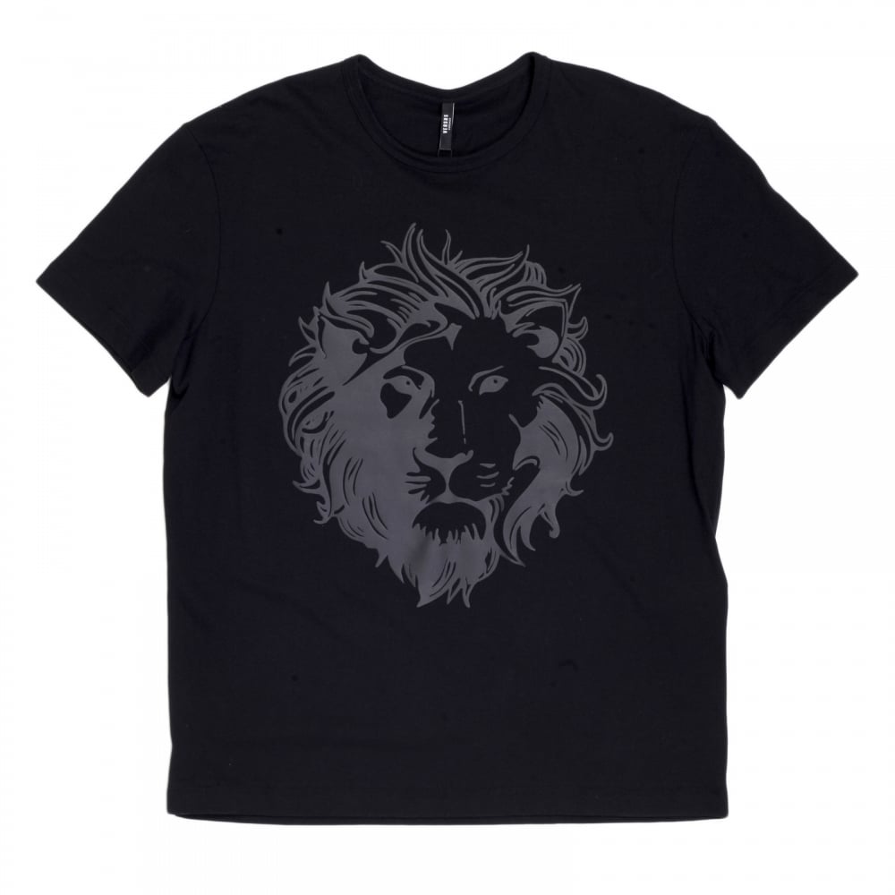 Black Short Sleeve Crew Neck Regular Fit Mens T Shirt with Self Coloured Printed Lion Head