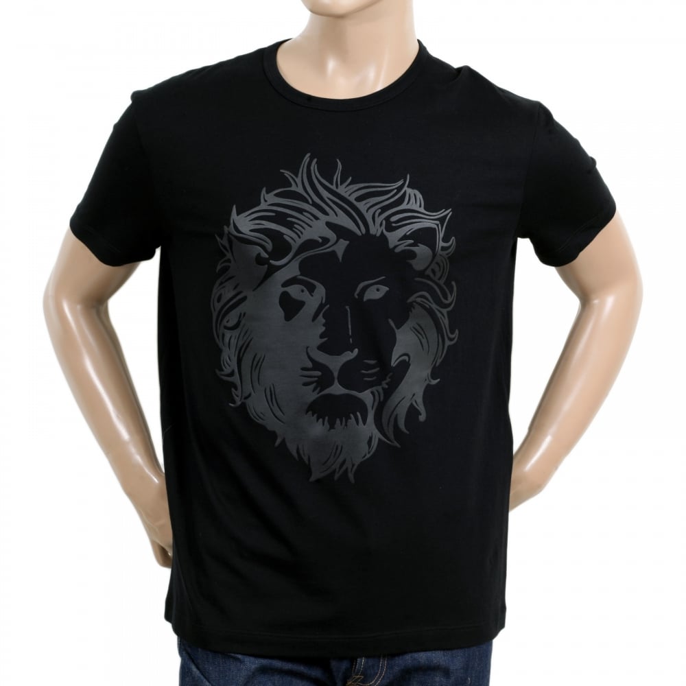 Black Short Sleeve Crew Neck Regular Fit Mens T Shirt with Self Coloured Printed Lion Head