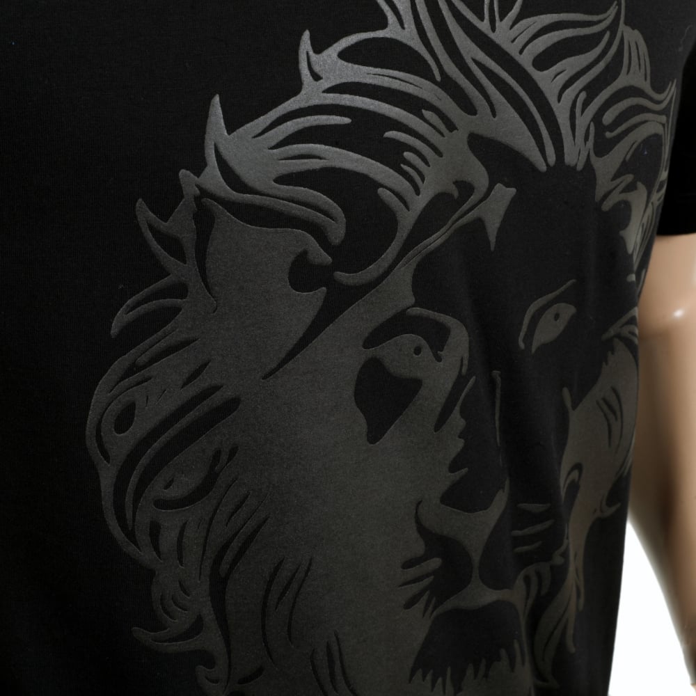 Black Short Sleeve Crew Neck Regular Fit Mens T Shirt with Self Coloured Printed Lion Head