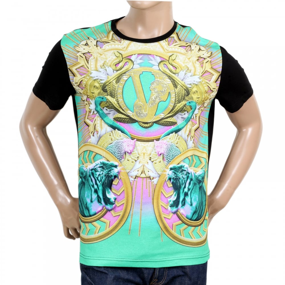 Black Printed Coloured Tiger Snake Front Crew Neck Plain Black Short Sleeve Regular Fit T Shirt