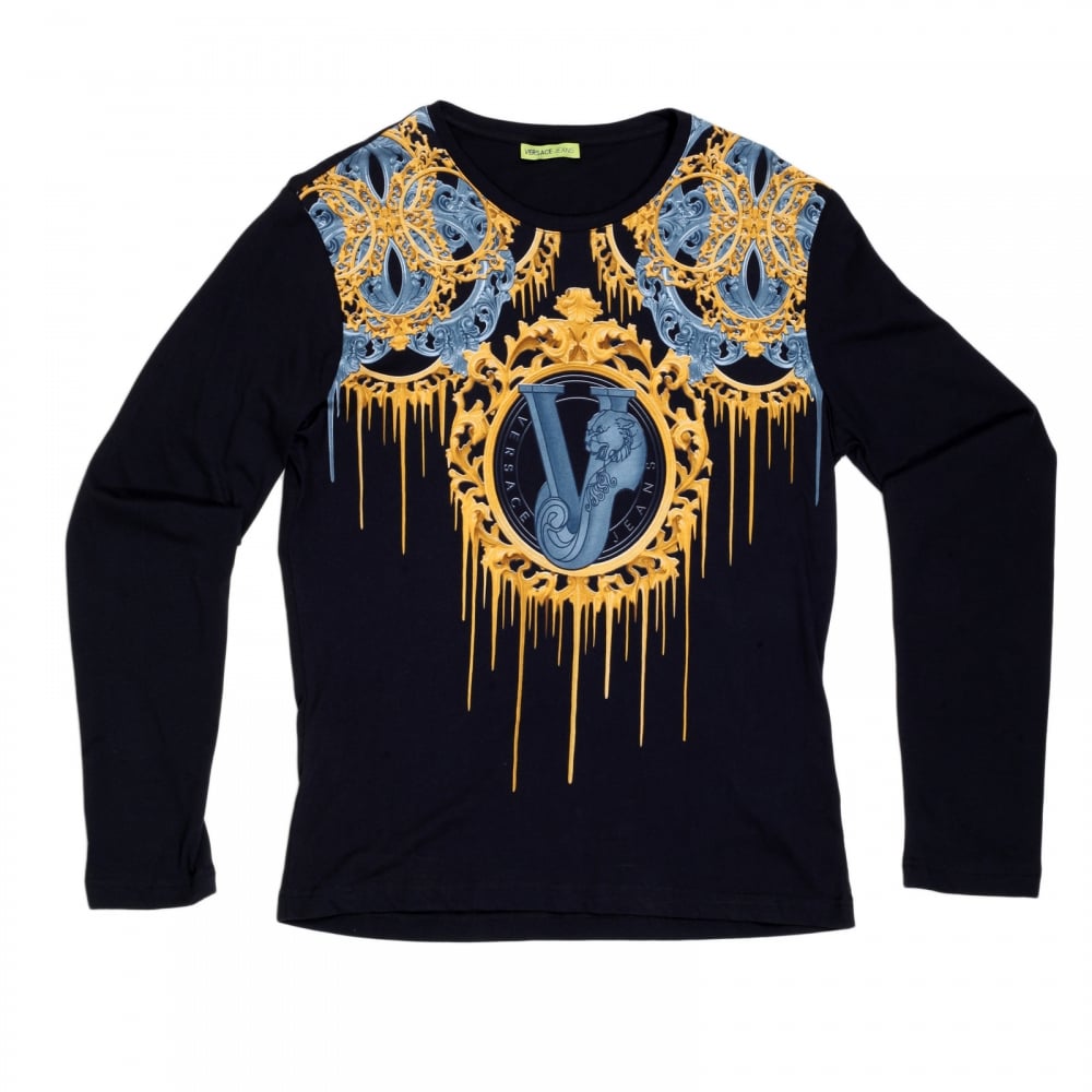Black Printed Art Logo Front Crew Neck Plain Black Long Sleeve Regular Fit T Shirt
