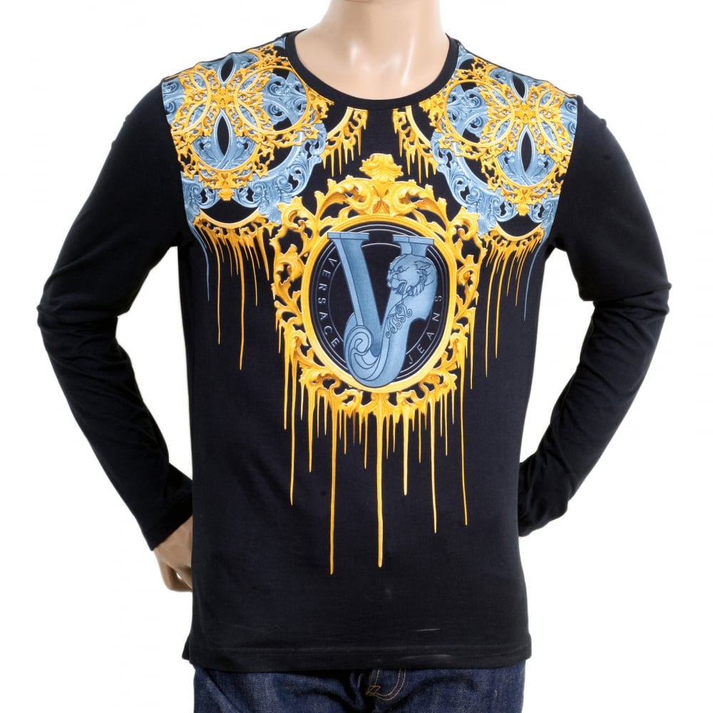 Black Printed Art Logo Front Crew Neck Plain Black Long Sleeve Regular Fit T Shirt