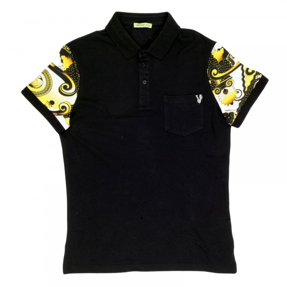 Mens Regular Fit Black Polo Shirt with Short Printed Sleeves and Metal Logo Badge on Chest Pocket