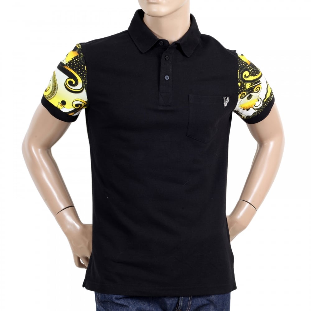 Mens Regular Fit Black Polo Shirt with Short Printed Sleeves and Metal Logo Badge on Chest Pocket