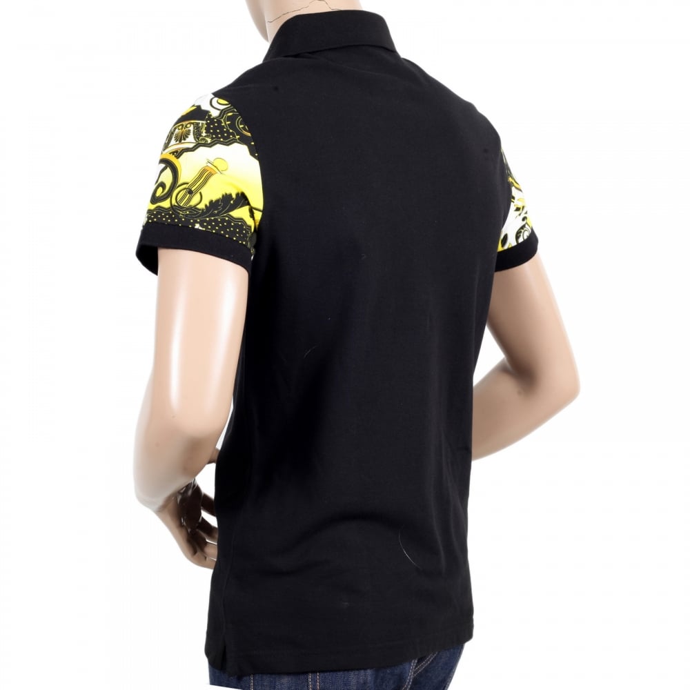 Mens Regular Fit Black Polo Shirt with Short Printed Sleeves and Metal Logo Badge on Chest Pocket