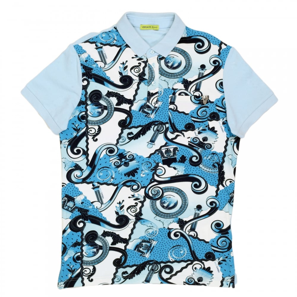 Regular Fit Blue Olympus Print Polo Shirt with a Silver Metal Logo Tab and Ribbed Collar and Sleeve Cuffs
