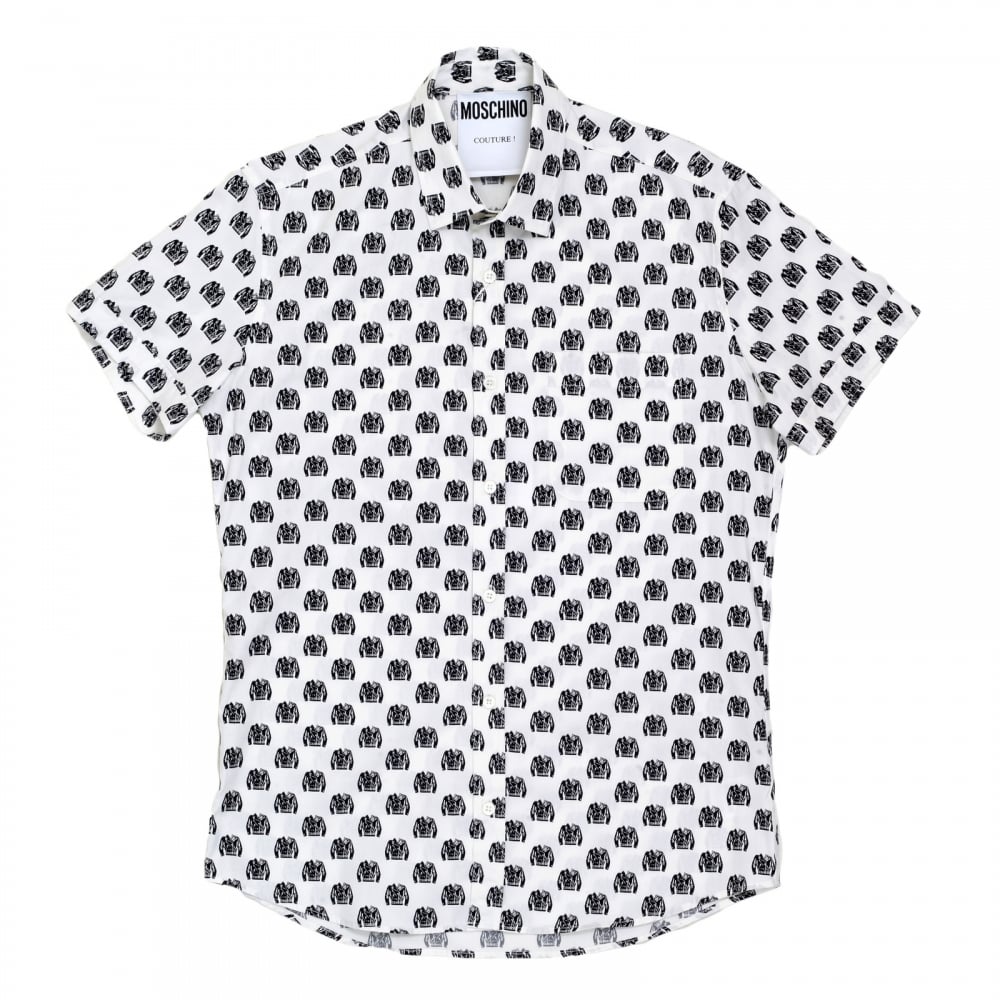Mens Short Sleeve Rounded Tail Regular Fit White Shirt with Jacquard Biker Jacket Print