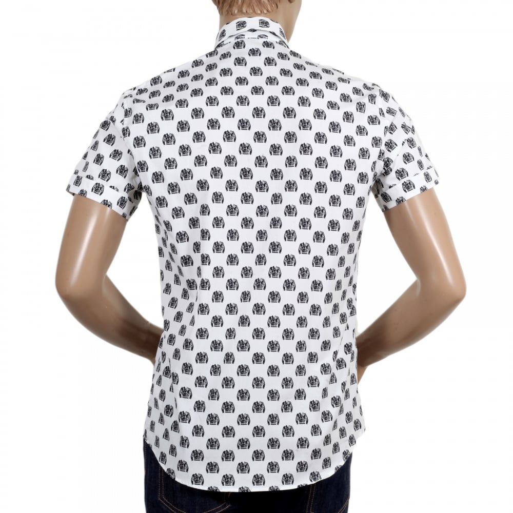 Mens Short Sleeve Rounded Tail Regular Fit White Shirt with Jacquard Biker Jacket Print