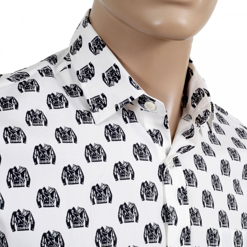 Mens Short Sleeve Rounded Tail Regular Fit White Shirt with Jacquard Biker Jacket Print