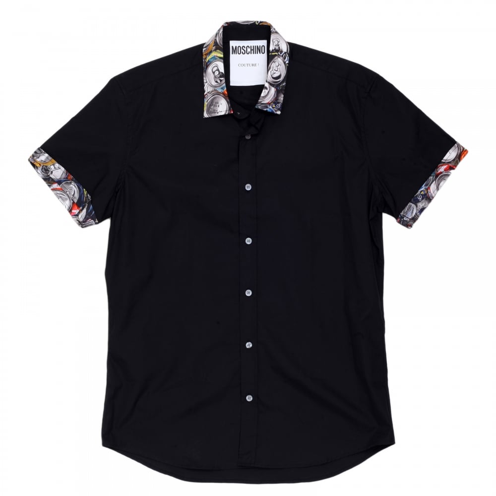Mens Black Regular Fit Cotton Short Sleeve Shirt with Grey Embossed Logo Buttons and Soft Collar
