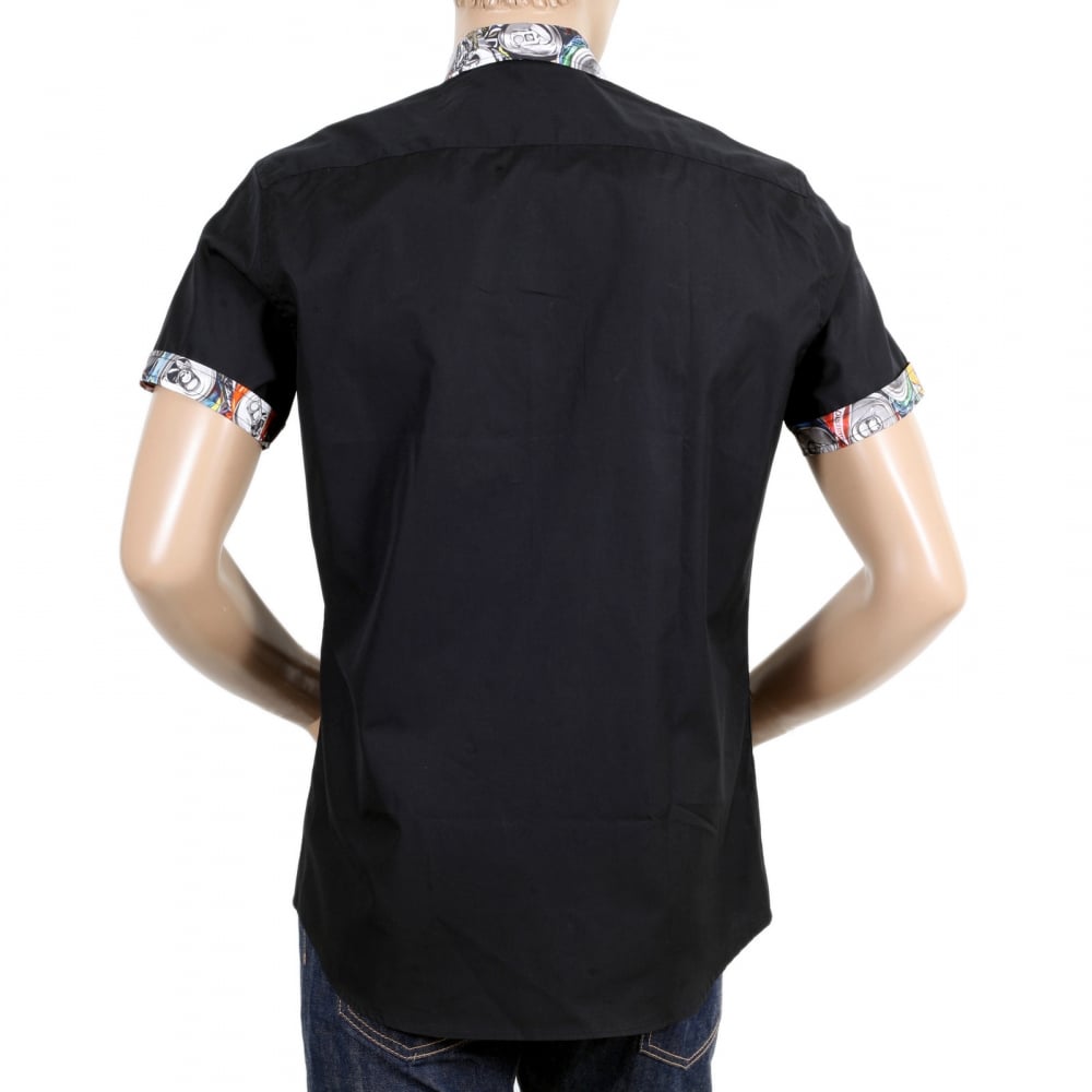 Mens Black Regular Fit Cotton Short Sleeve Shirt with Grey Embossed Logo Buttons and Soft Collar