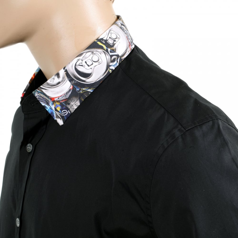Mens Black Regular Fit Cotton Short Sleeve Shirt with Grey Embossed Logo Buttons and Soft Collar