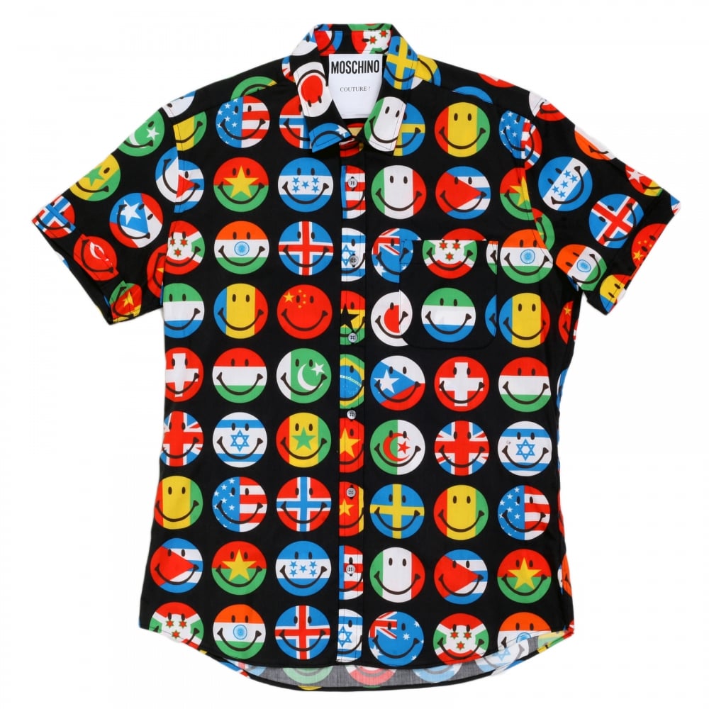 Mens Black Short Sleeve Multi Coloured All Over Smiley Face Printed Shirt with Soft Collar and Rounded Tail