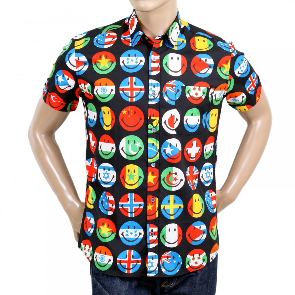 Mens Black Short Sleeve Multi Coloured All Over Smiley Face Printed Shirt with Soft Collar and Rounded Tail