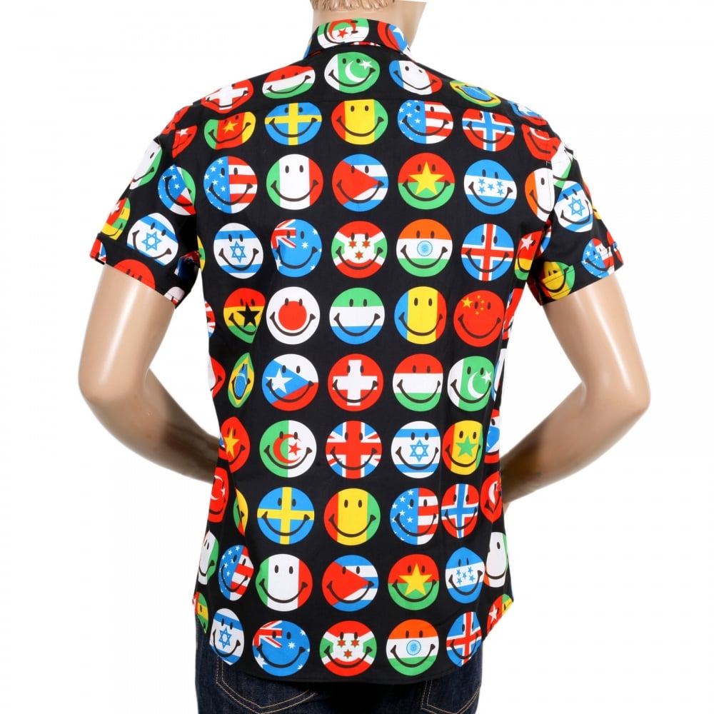 Mens Black Short Sleeve Multi Coloured All Over Smiley Face Printed Shirt with Soft Collar and Rounded Tail