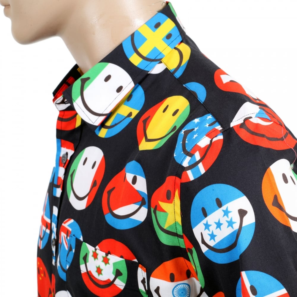 Mens Black Short Sleeve Multi Coloured All Over Smiley Face Printed Shirt with Soft Collar and Rounded Tail