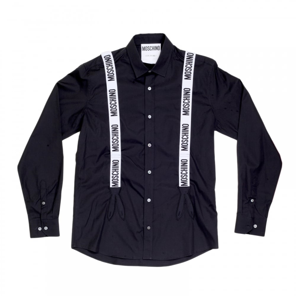 Mens Long Sleeve Slim Fit Black Shirt with Soft Collar and Faux White Braces