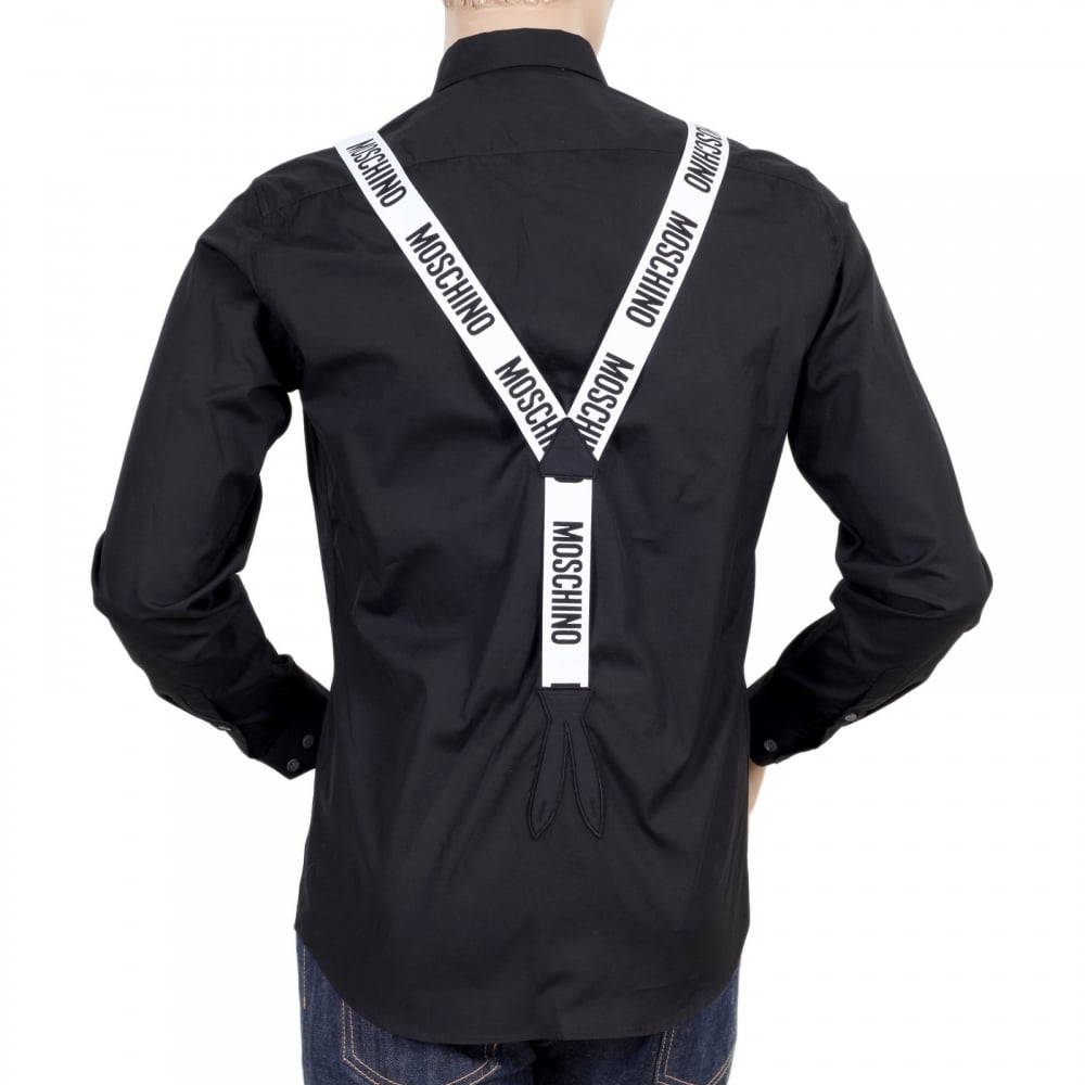 Mens Long Sleeve Slim Fit Black Shirt with Soft Collar and Faux White Braces