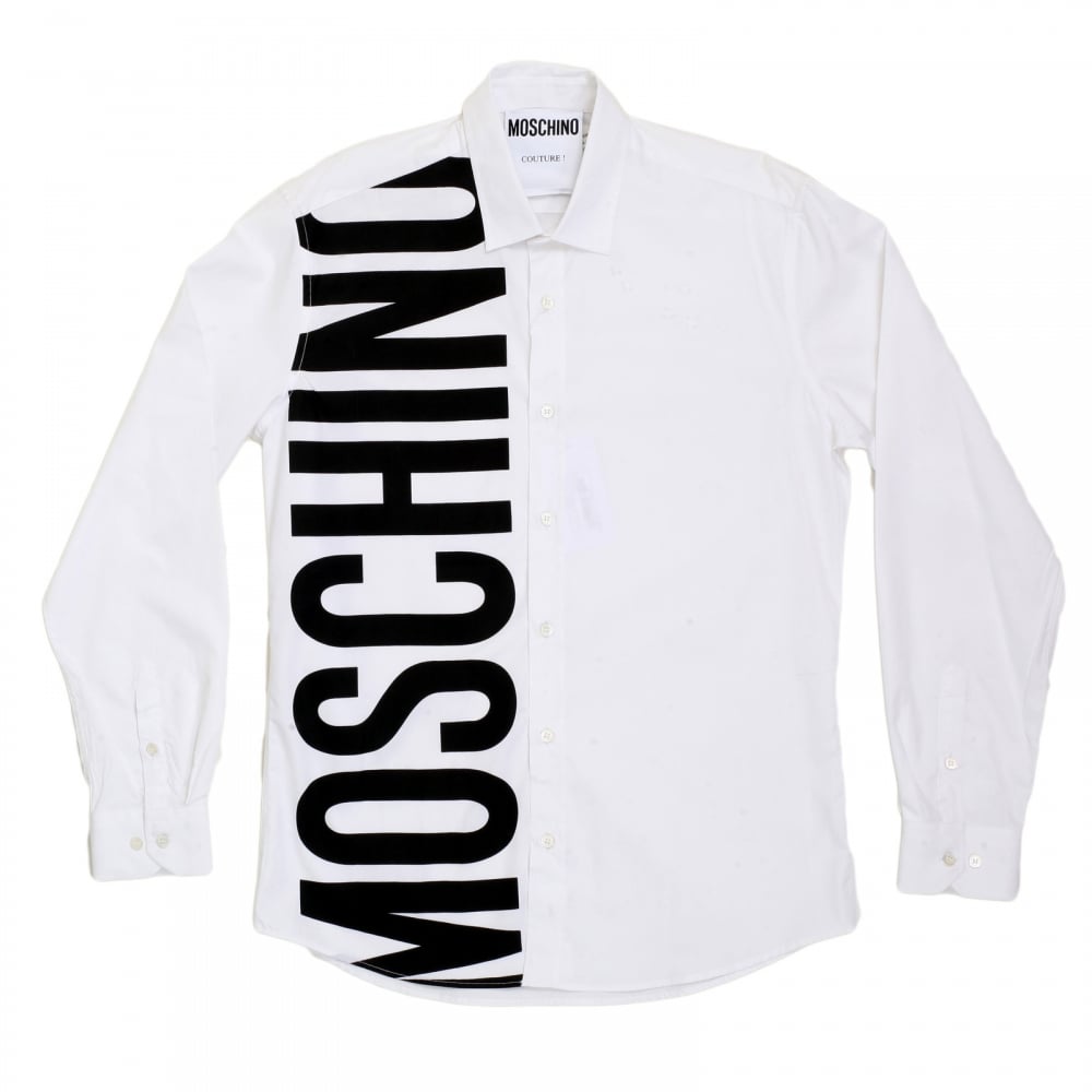 Mens Cotton White Long Sleeve Shirt with Logo in Large Black Fonts on the Front