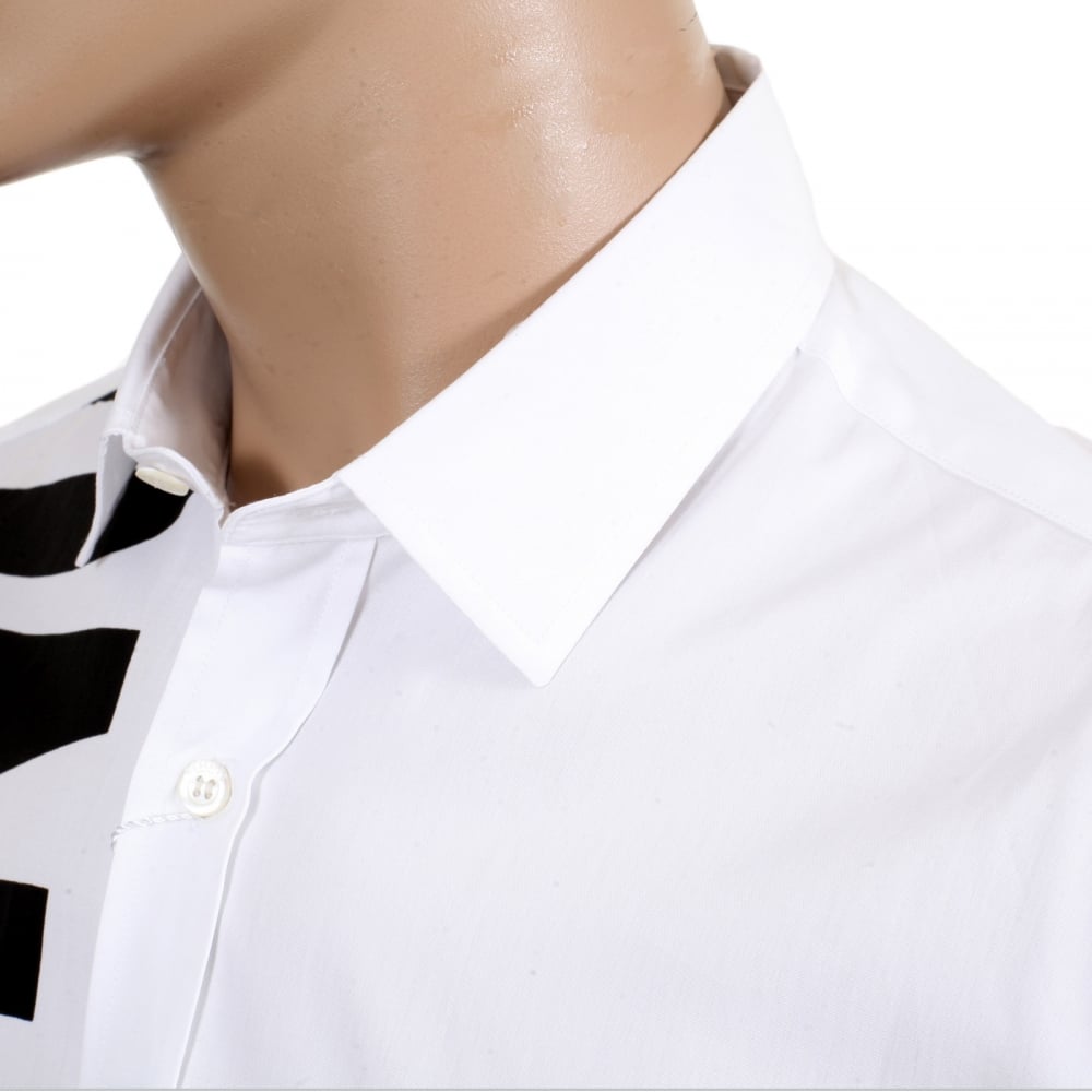 Mens Cotton White Long Sleeve Shirt with Logo in Large Black Fonts on the Front