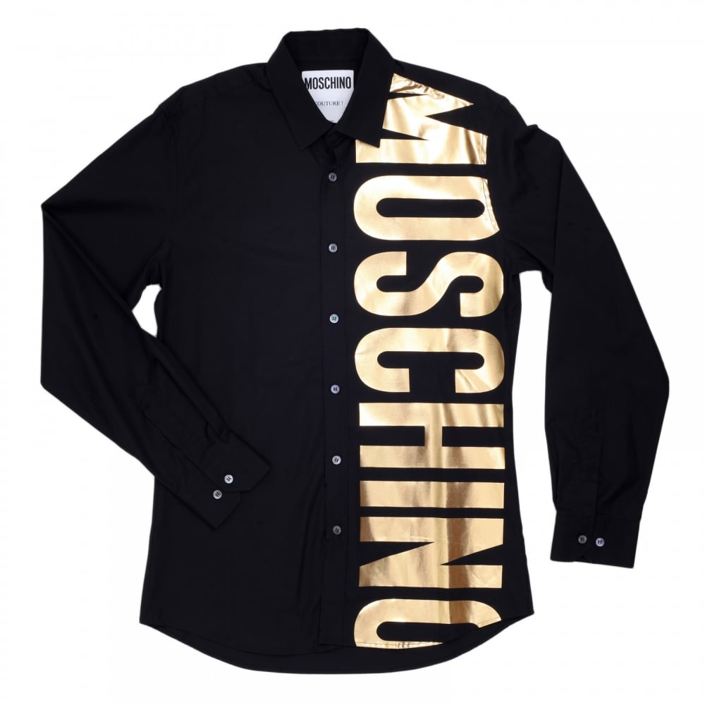 Mens Cotton Long Sleeve Black Shirt with Gold Logo in Large Fonts on the Front