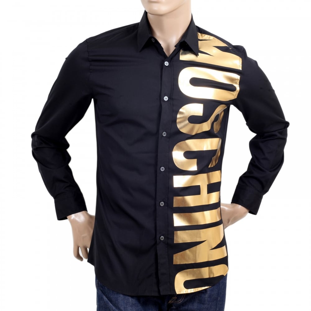 Mens Cotton Long Sleeve Black Shirt with Gold Logo in Large Fonts on the Front