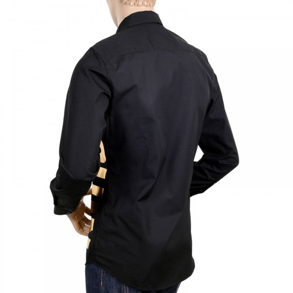 Mens Cotton Long Sleeve Black Shirt with Gold Logo in Large Fonts on the Front