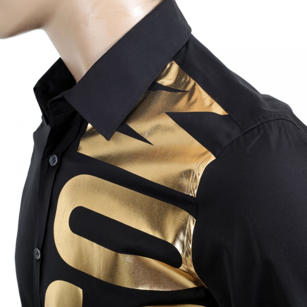 Mens Cotton Long Sleeve Black Shirt with Gold Logo in Large Fonts on the Front