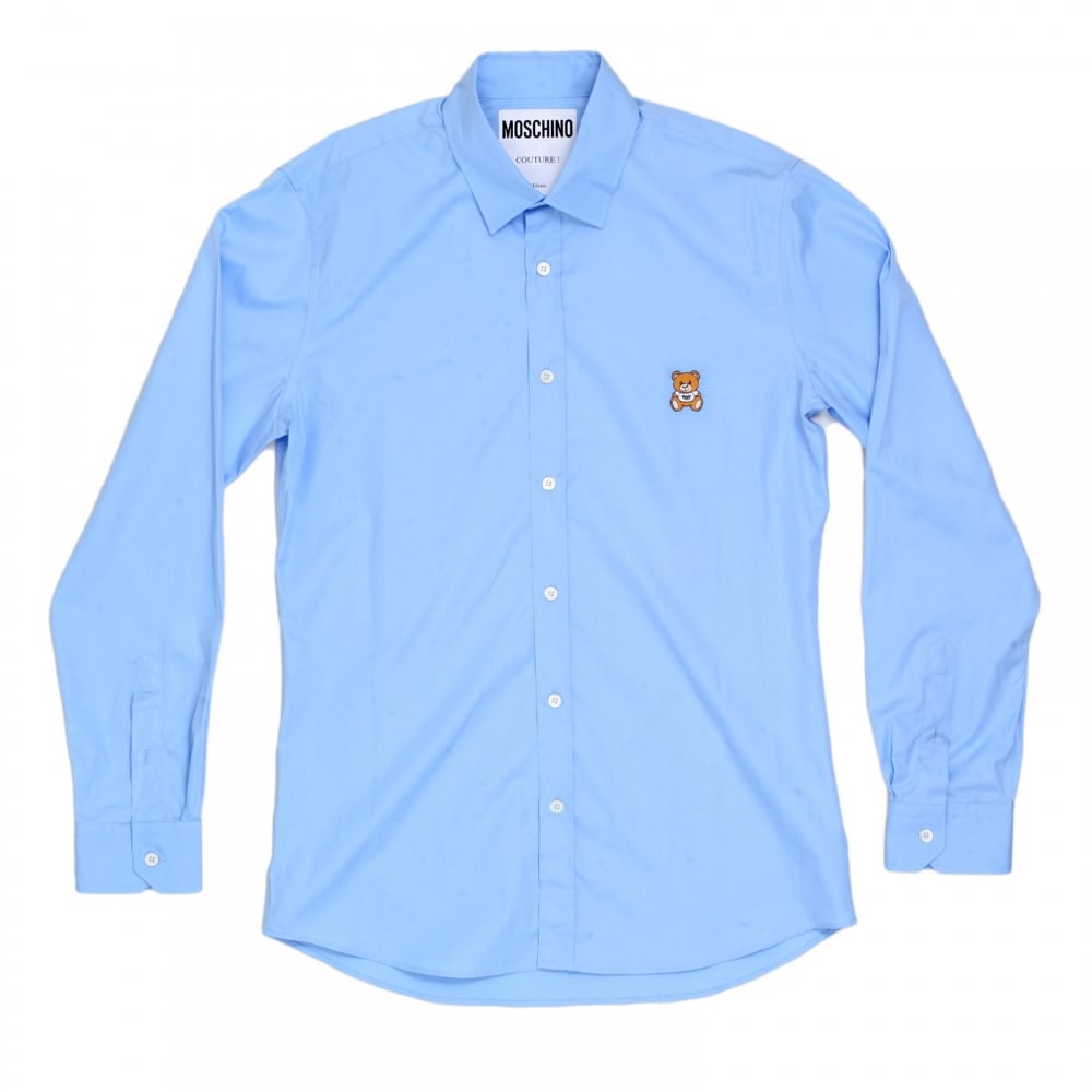 Long Sleeve Slim Fit Teddy Bear Embroidered Sky Blue Shirt with Soft Collar and Rounded Tail