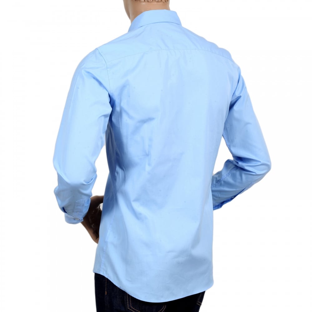 Long Sleeve Slim Fit Teddy Bear Embroidered Sky Blue Shirt with Soft Collar and Rounded Tail